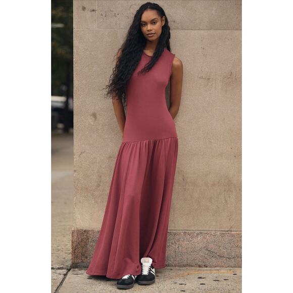 Daily Practice X Anthropologie Sleeveless Drop-Waist Midi Dress Red Wine Size M - Picture 1 of 12